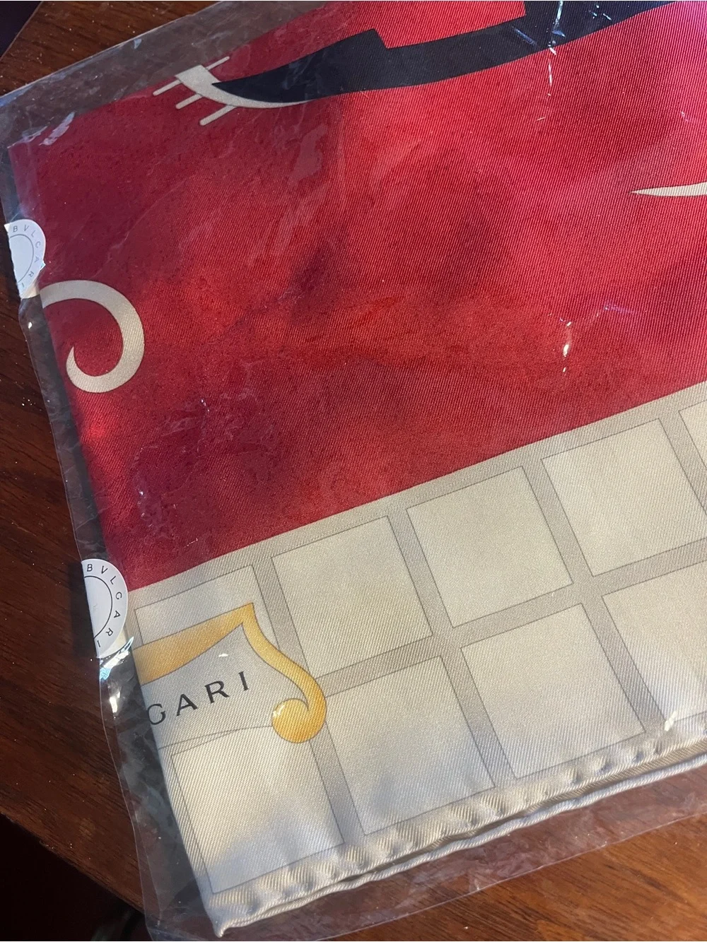 Bulgari Red, Yellow, Black & Cream Silk Scarf with Gondola Motif